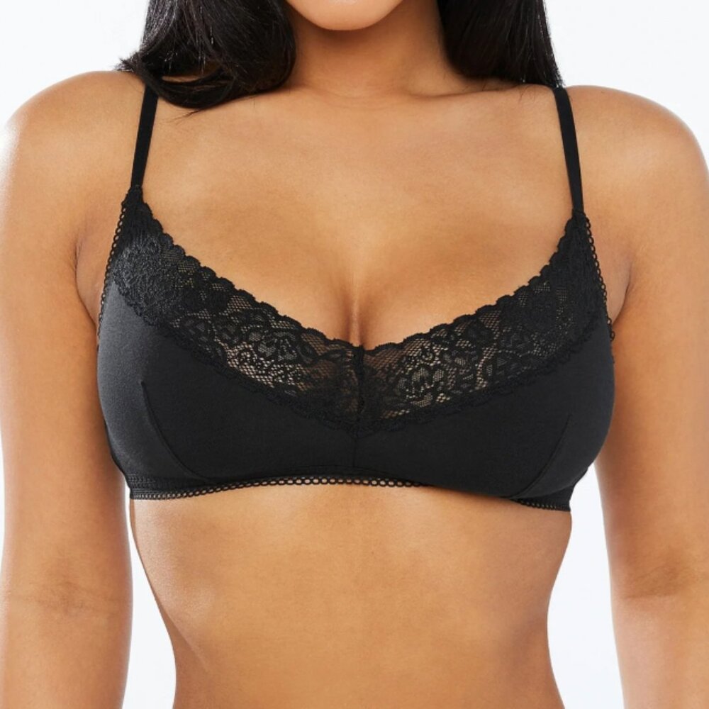 Savage X Fenty Cotton Essentials Lace-Trim Bralette, Black Caviar, size M